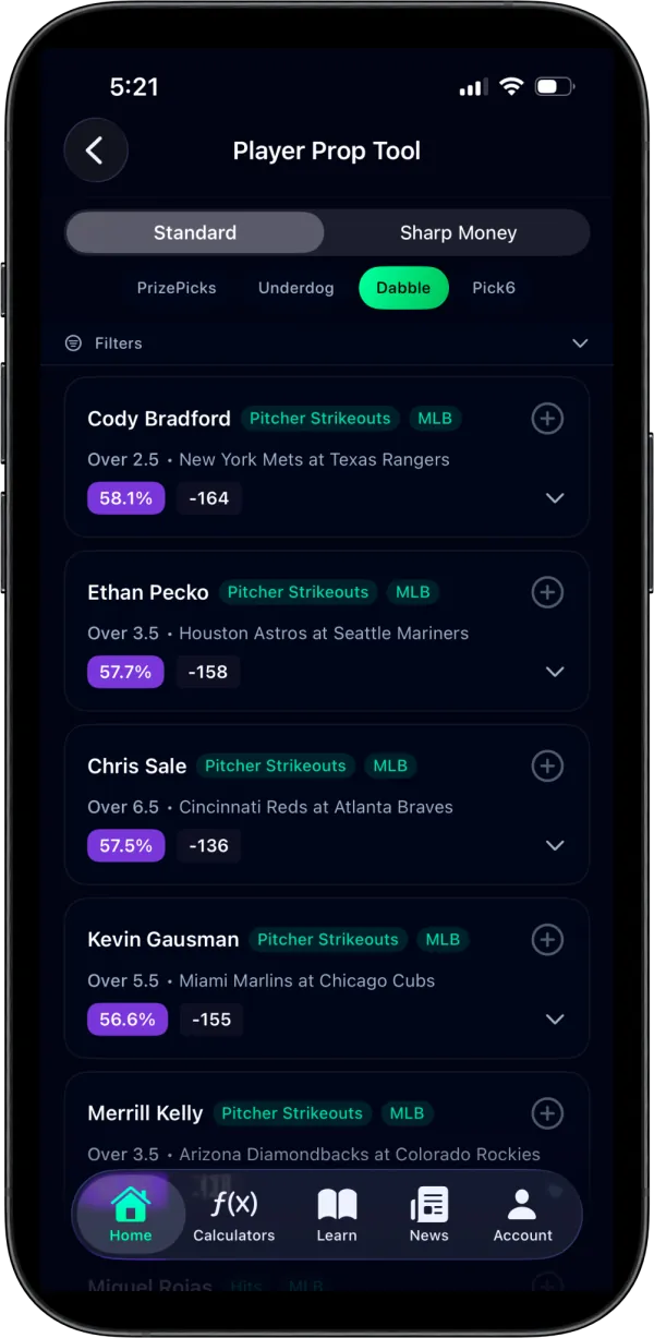 Parlayers iOS app showing the Player Prop Tool